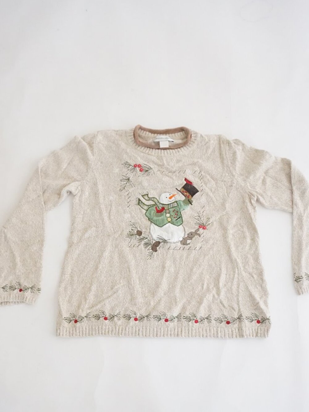Vintage Christopher & Banks Beige Snowman Pine Cone Christmas 3D Sweater M